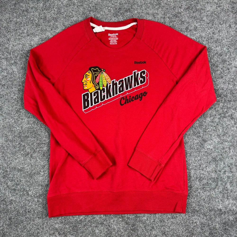 Reebok Sweatshirt Womens Size L Red Chicago Blackhawks NHL Graphic Pullover B830